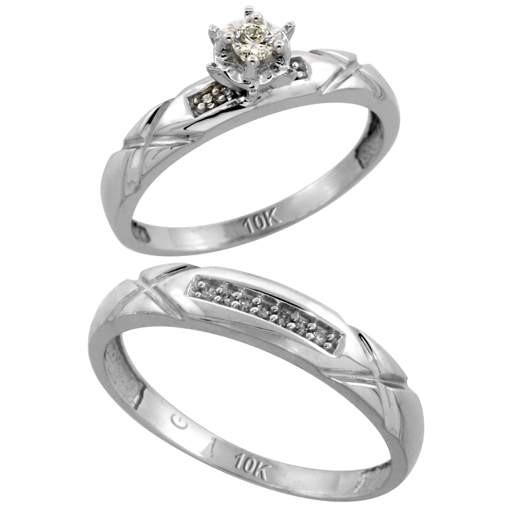 10k White Gold 2-Piece Diamond wedding Engagement Ring Set for Him and Her, 3.5mm & 4mm wide