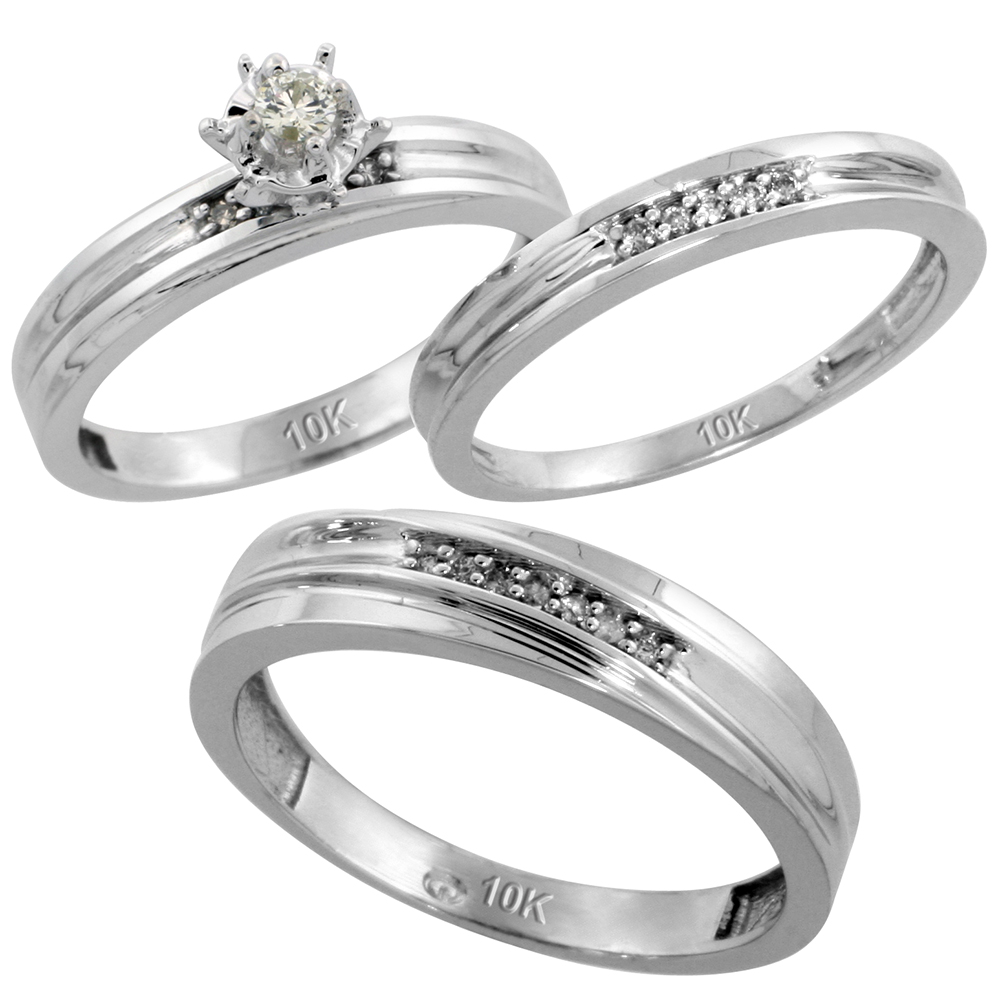 10k White Gold Diamond Trio Wedding Ring Set 3-piece His & Hers 5 & 3mm, Men's Size 8 to 14