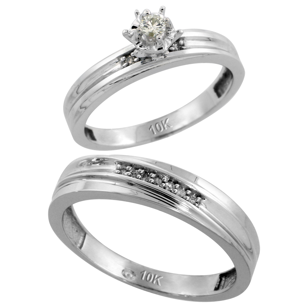 10k White Gold 2-Piece Diamond wedding Engagement Ring Set for Him and Her, 3mm &amp; 5mm wide