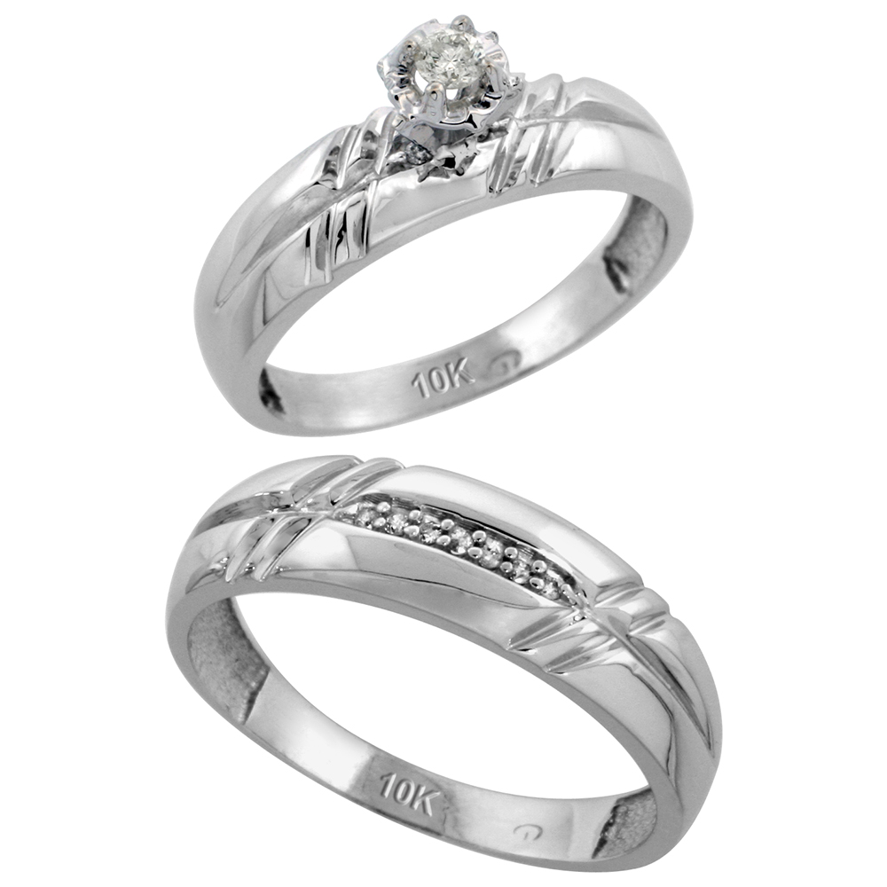 10k White Gold 2-Piece Diamond wedding Engagement Ring Set for Him and Her, 5.5mm & 6mm wide