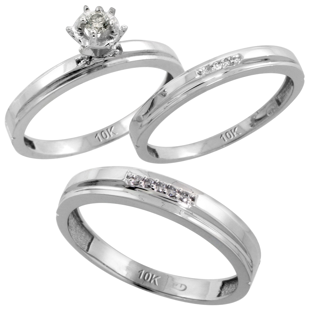 10k White Gold Diamond Trio Wedding Ring Set 3-piece His &amp; Hers 4 &amp; 3mm, Men&#039;s Size 8 to 14
