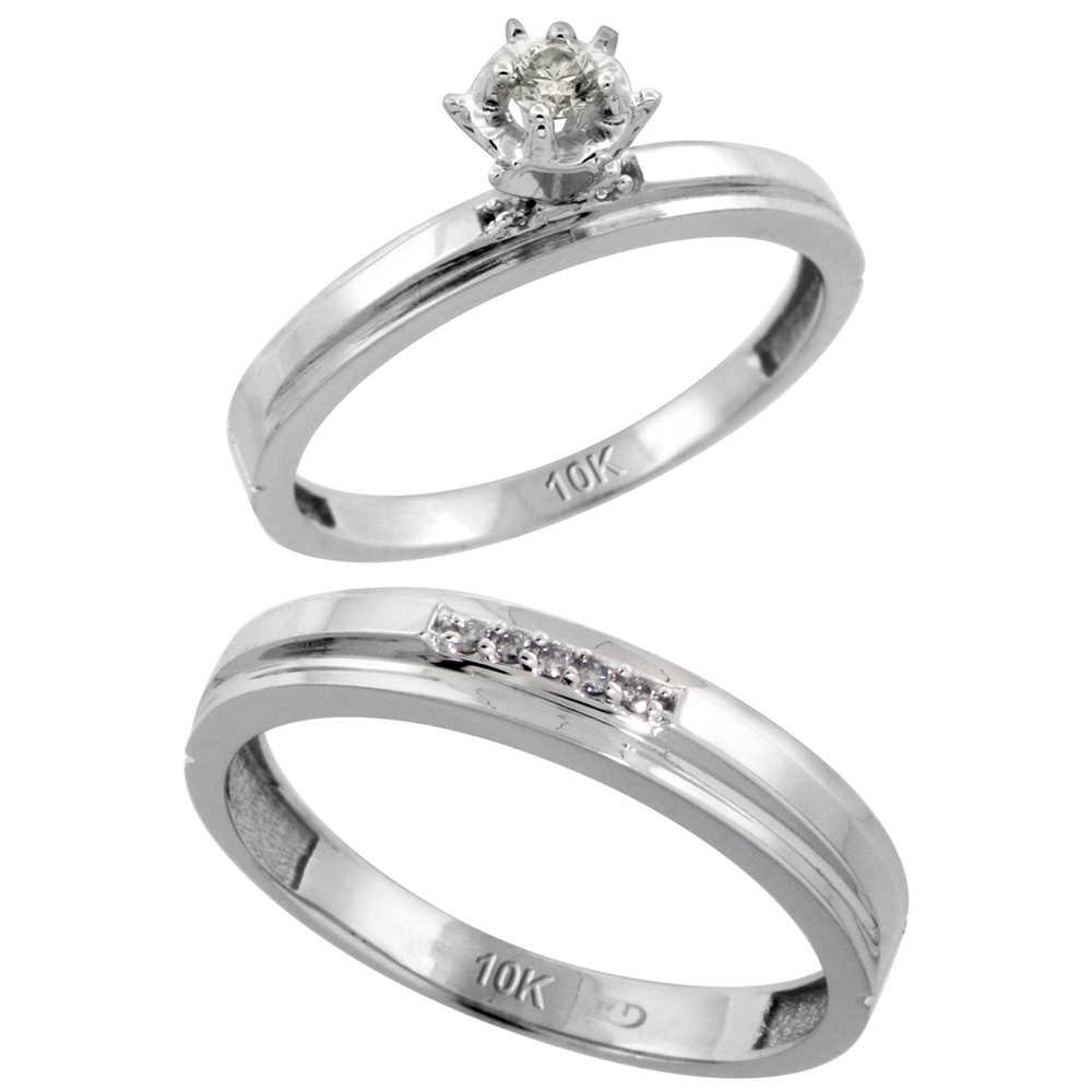 10k White Gold 2-Piece Diamond wedding Engagement Ring Set for Him and Her, 3mm & 4mm wide