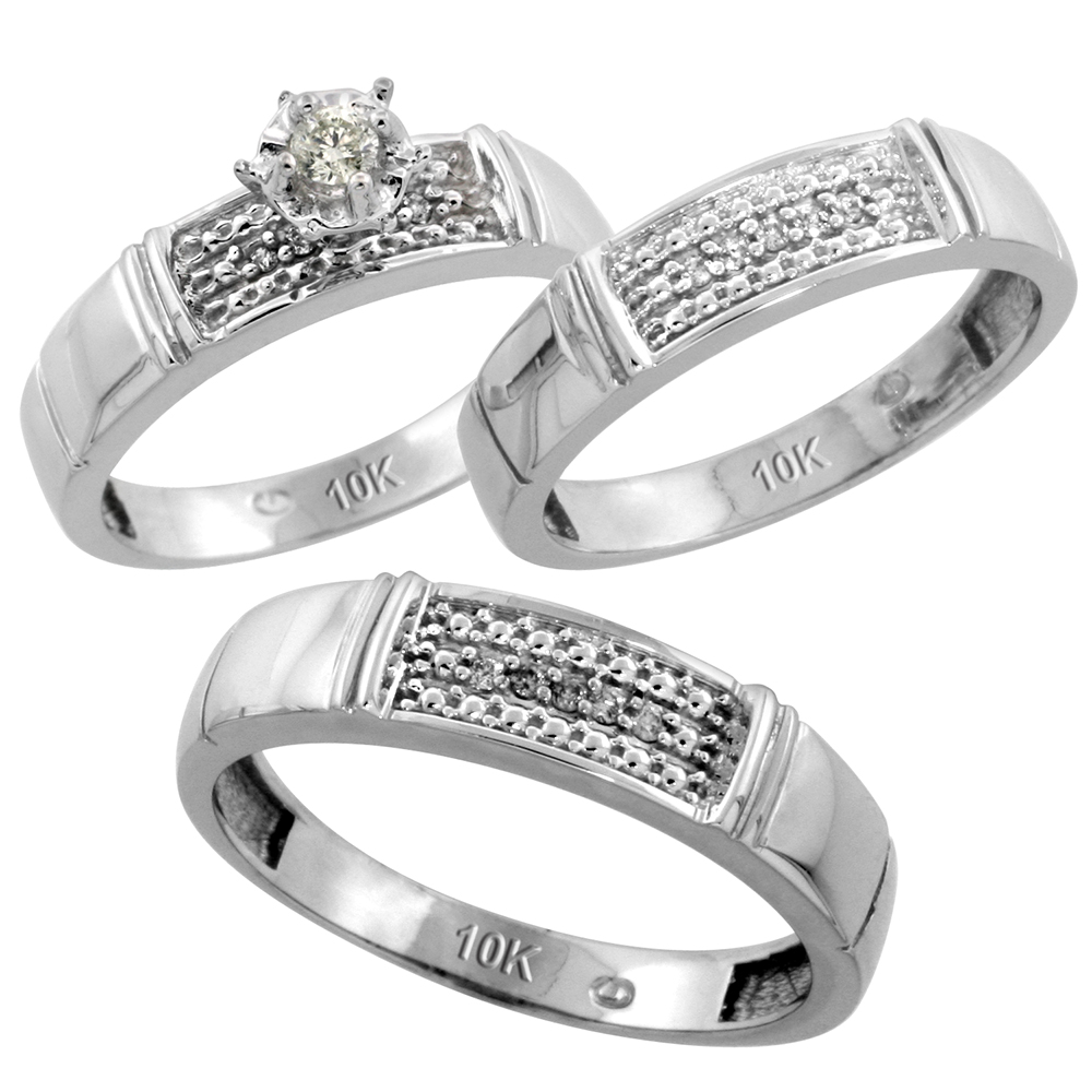 10k White Gold Diamond Trio Wedding Ring Set 3-piece His &amp; Hers 5 &amp; 4.5 mm, Men&#039;s Size 8 to 14