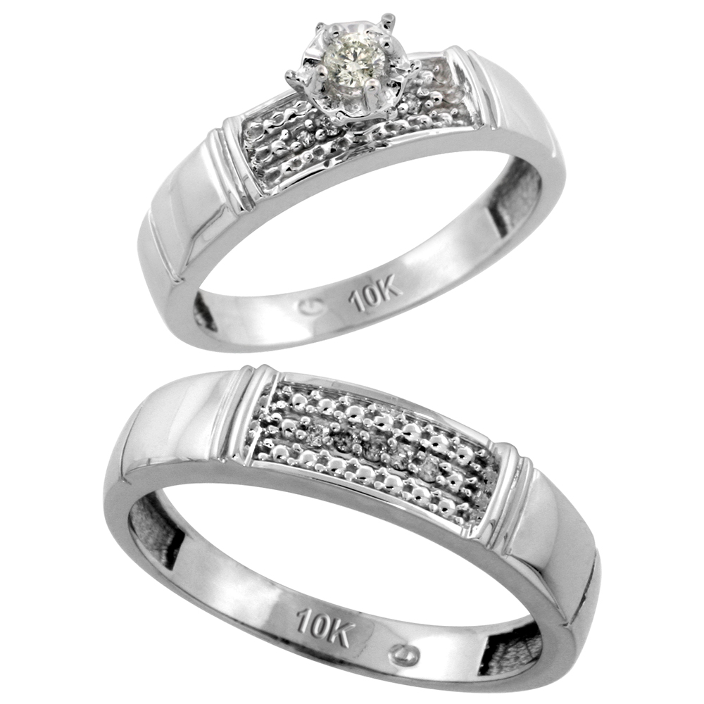 10k White Gold 2-Piece Diamond wedding Engagement Ring Set for Him and Her, 4.5mm & 5mm wide