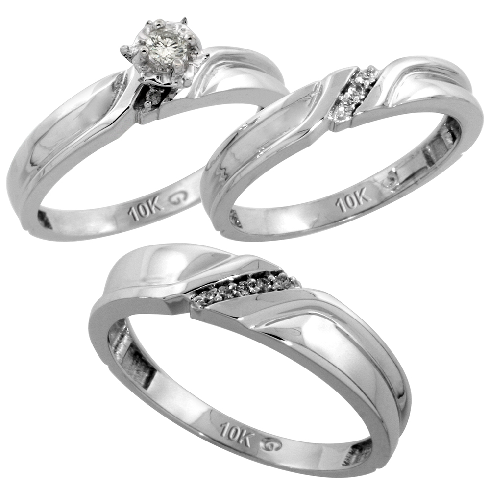 Sterling Silver 3-Piece Trio His (5mm) & Hers (3.5mm) Diamond Wedding Band Set, w/ 0.11 Carat Brilliant Cut Diamonds; (Ladies Size 5 to10; Men's Size 8 to 14)