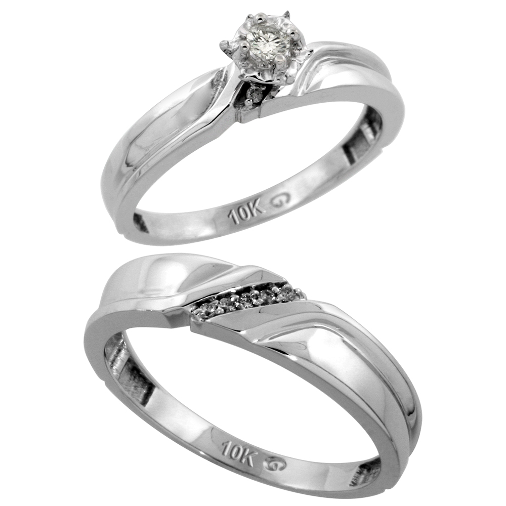 Sterling Silver 2-Piece Diamond Ring Set ( Engagement Ring &amp; Man&#039;s Wedding Band ), w/ 0.09 Carat Brilliant Cut Diamonds, ( 3.5mm; 5mm ) wide