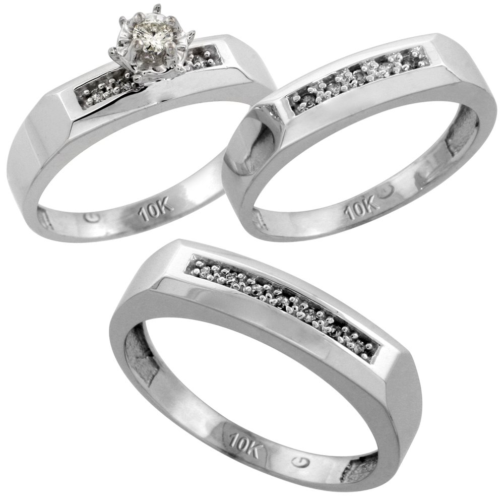 10k White Gold Diamond Trio Wedding Ring Set 3-piece His &amp; Hers 5 &amp; 4.5 mm, Men&#039;s Size 8 to 14