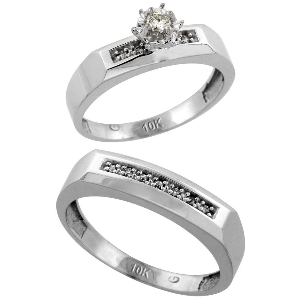 Sterling Silver 2-Piece Diamond Ring Set ( Engagement Ring &amp; Man&#039;s Wedding Band ), w/ 0.11 Carat Brilliant Cut Diamonds, ( 4.5mm; 5mm ) wide
