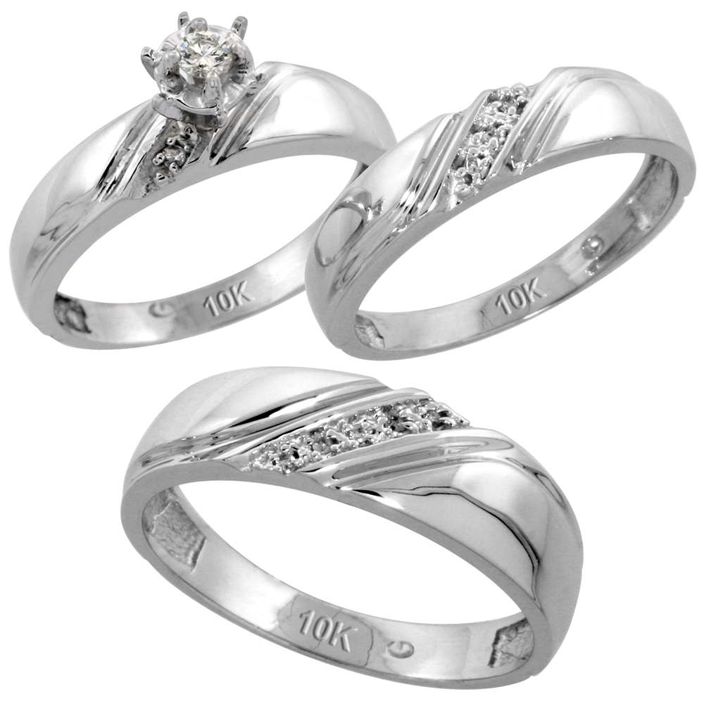10k White Gold Diamond Trio Wedding Ring Set 3-piece His &amp; Hers 6 &amp; 4.5 mm, Men&#039;s Size 8 to 14