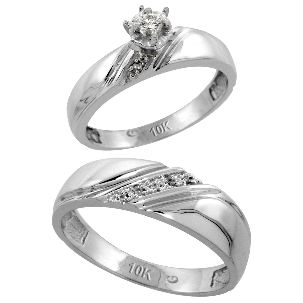 Sterling Silver 2-Piece Diamond Ring Set ( Engagement Ring & Man's Wedding Band ), w/ 0.08 Carat Brilliant Cut Diamonds, ( 4.5mm; 6mm ) wide