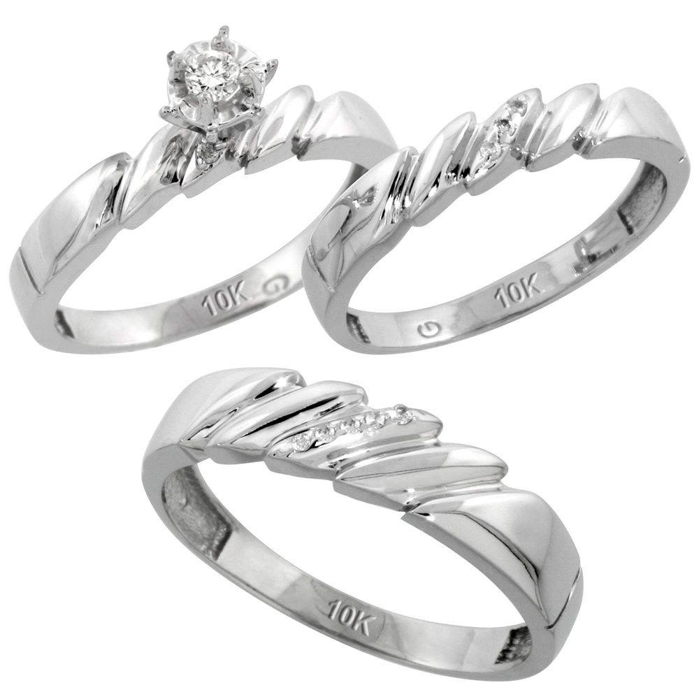 10k White Gold Diamond Trio Wedding Ring Set 3-piece His &amp; Hers 5 &amp; 4 mm, Men&#039;s Size 8 to 14