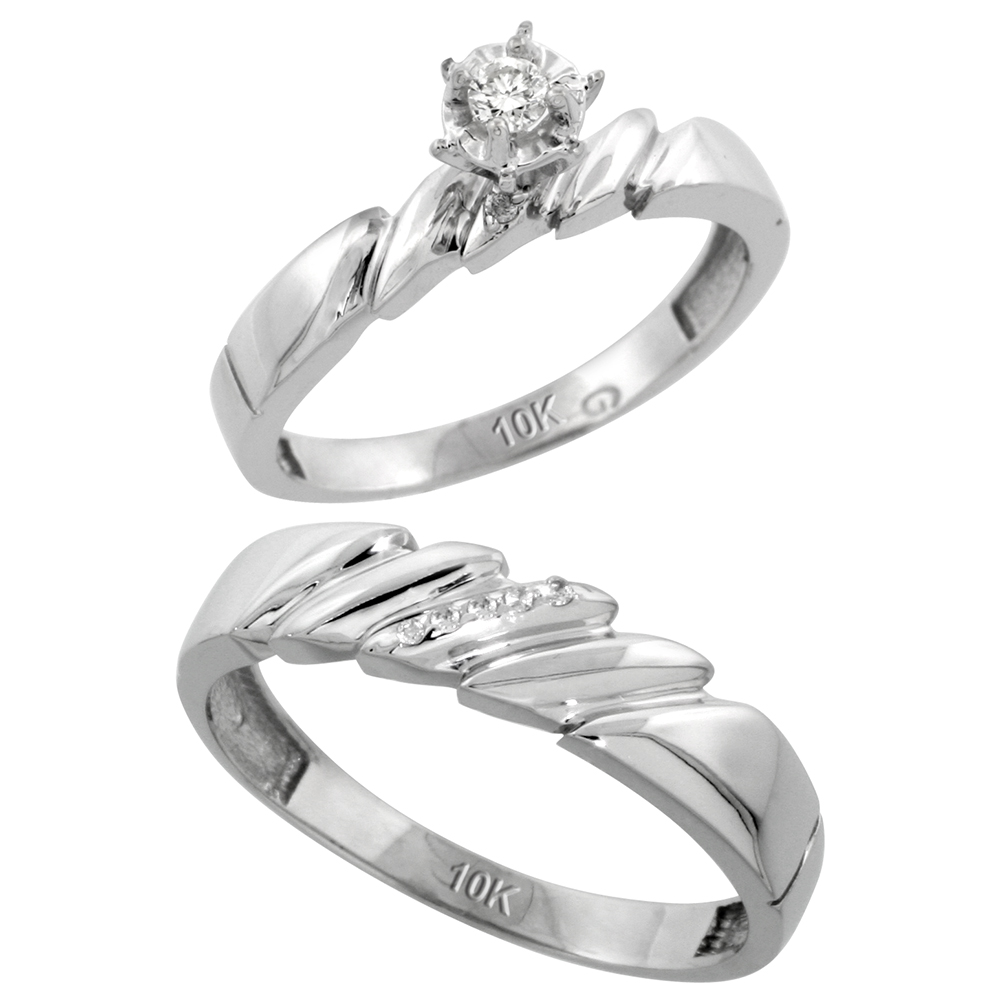 Sterling Silver 2-Piece Diamond Ring Set ( Engagement Ring & Man's Wedding Band ), w/ 0.08 Carat Brilliant Cut Diamonds, ( 4mm; 5mm ) wide
