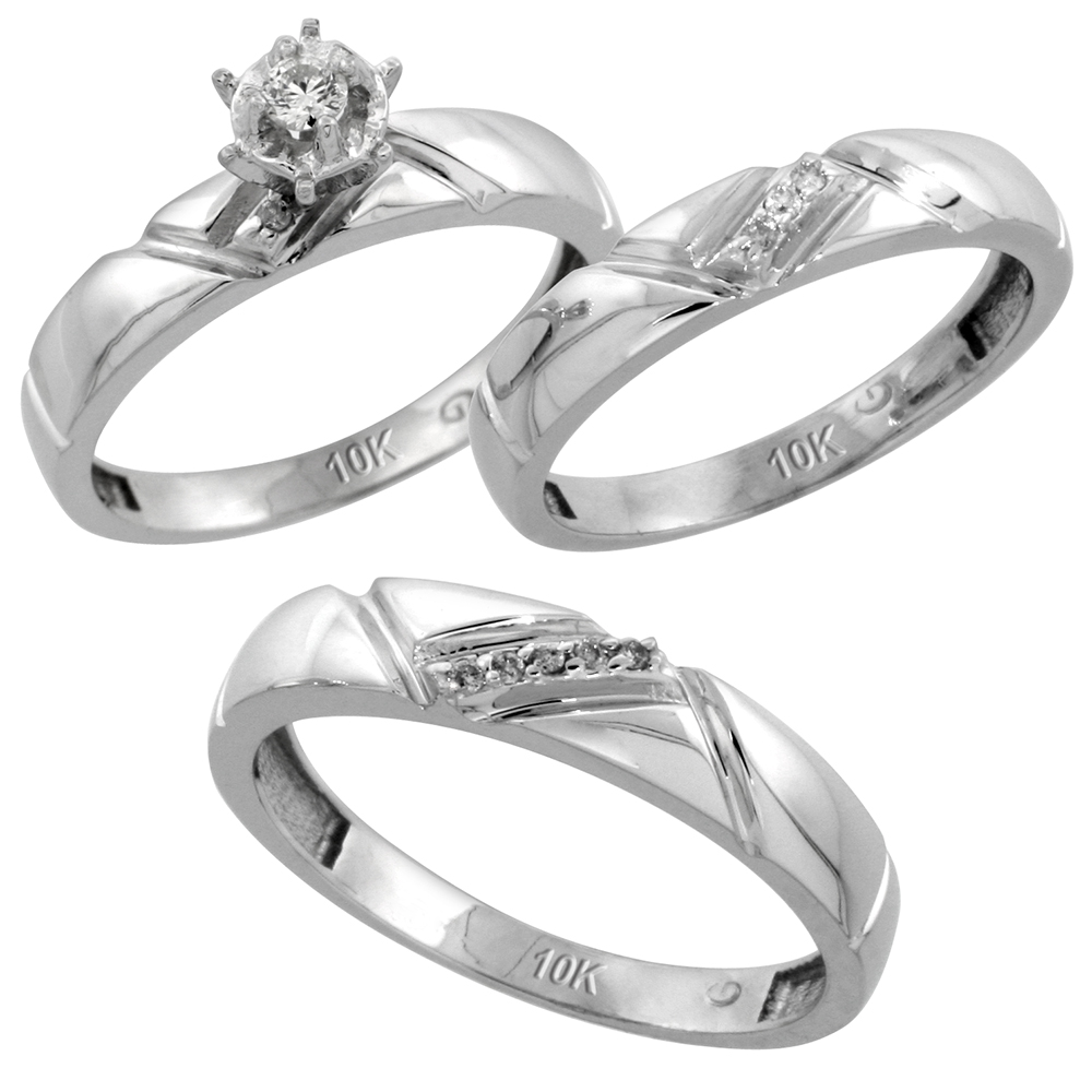 Sterling Silver 3-Piece Trio His (4.5mm) &amp; Hers (4mm) Diamond Wedding Band Set, w/ 0.10 Carat Brilliant Cut Diamonds; (Ladies Size 5 to10; Men&#039;s Size 8 to 14)