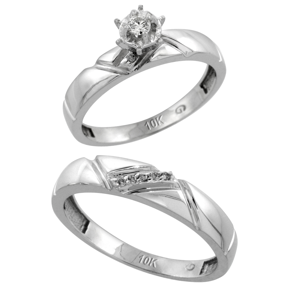 Sterling Silver 2-Piece Diamond Ring Set ( Engagement Ring & Man's Wedding Band ), w/ 0.08 Carat Brilliant Cut Diamonds, ( 4mm; 4.5mm ) wide