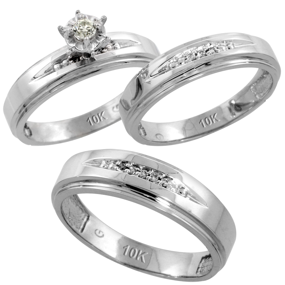 10k White Gold Diamond Trio Wedding Ring Set 3-piece His &amp; Hers 6 &amp; 5mm, Men&#039;s Size 8 to 14