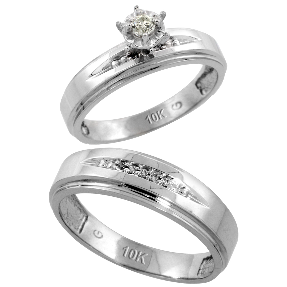 Sterling Silver 2-Piece Diamond Ring Set ( Engagement Ring &amp; Man&#039;s Wedding Band ), w/ 0.09 Carat Brilliant Cut Diamonds, ( 5mm; 6mm ) wide