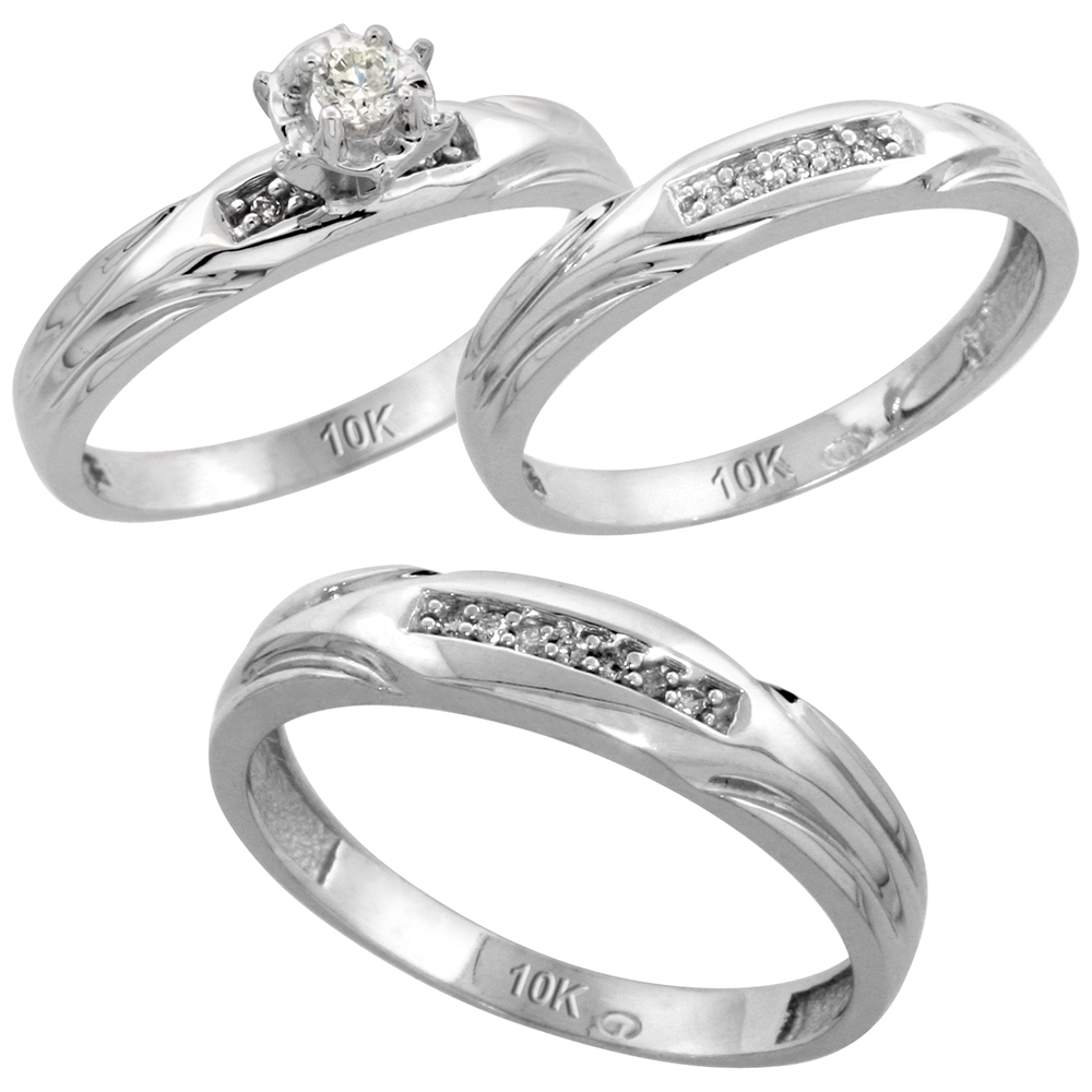 Sterling Silver 3-Piece Trio His (4.5mm) &amp; Hers (3.5mm) Diamond Wedding Band Set, w/ 0.13 Carat Brilliant Cut Diamonds; (Ladies Size 5 to10; Men&#039;s Size 8 to 14)