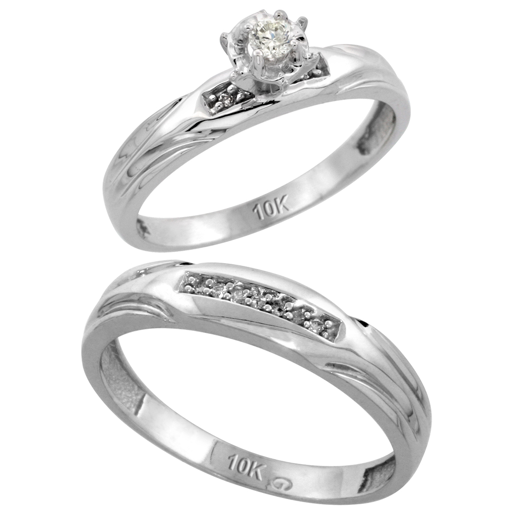 Sterling Silver 2-Piece Diamond Ring Set ( Engagement Ring &amp; Man&#039;s Wedding Band ), w/ 0.10 Carat Brilliant Cut Diamonds, ( 3.5mm; 4.5mm ) wide