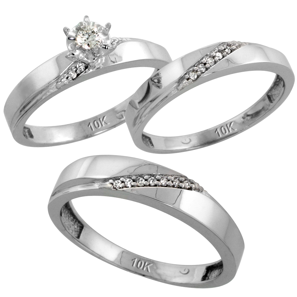 10k White Gold Diamond Trio Wedding Ring Set 3-piece His &amp; Hers 4.5 &amp; 3.5 mm, Men&#039;s Size 8 to 14