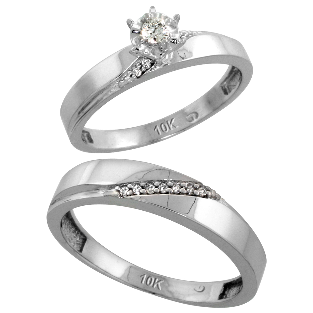 10k White Gold 2-Piece Diamond wedding Engagement Ring Set for Him and Her, 3.5mm & 4.5mm wide