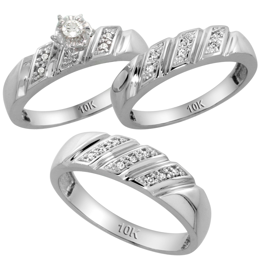 Sterling Silver 3-Piece Trio His (6mm) & Hers (5mm) Diamond Wedding Band Set, w/ 0.15 Carat Brilliant Cut Diamonds; (Ladies Size 5 to10; Men's Size 8 to 14)