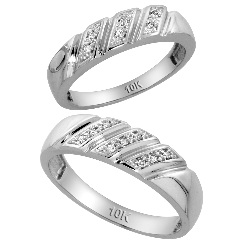 Sterling Silver 2-Piece Diamond Ring Set ( Engagement Ring & Man's Wedding Band ), w/ 0.12 Carat Brilliant Cut Diamonds, ( 5mm; 6mm ) wide