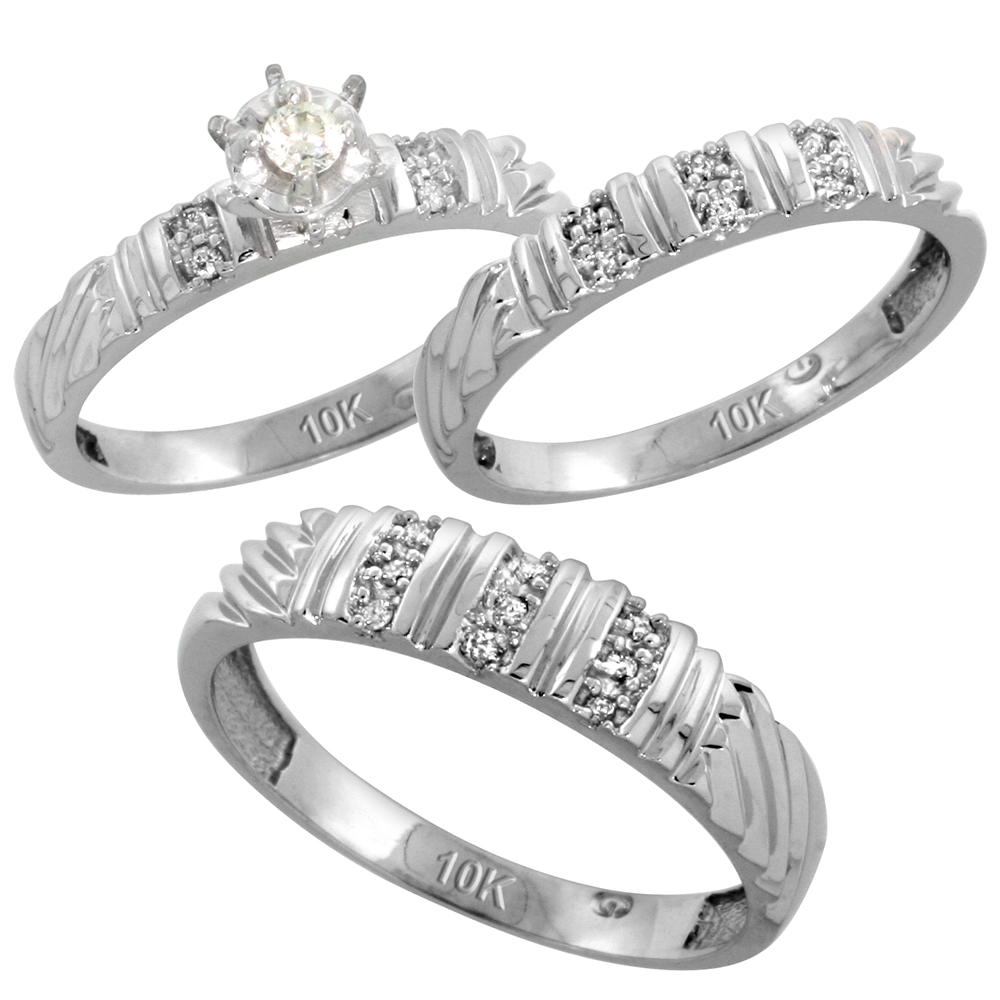 Sterling Silver 3-Piece Trio His (5mm) & Hers (3.5mm) Diamond Wedding Band Set, w/ 0.14 Carat Brilliant Cut Diamonds; (Ladies Size 5 to10; Men's Size 8 to 14)