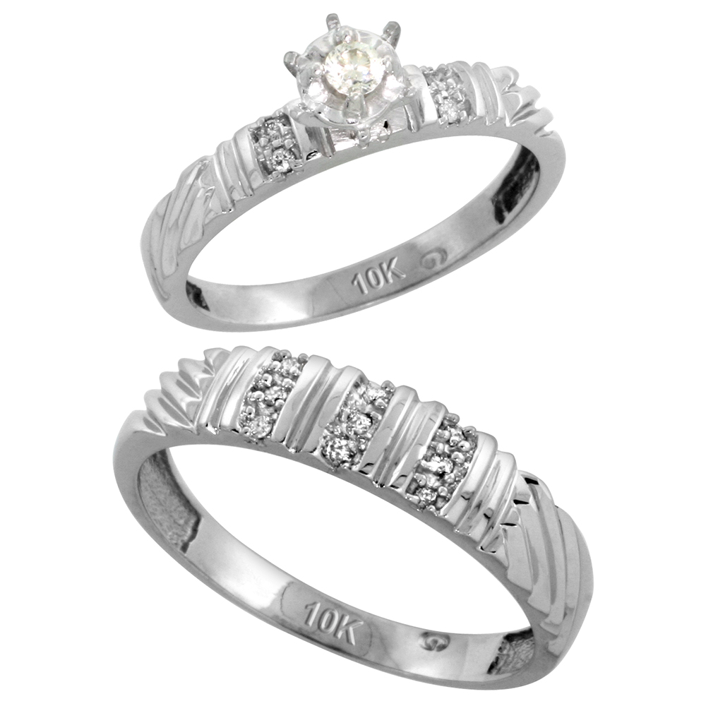 Sterling Silver 2-Piece Diamond Ring Set ( Engagement Ring &amp; Man&#039;s Wedding Band ), w/ 0.11 Carat Brilliant Cut Diamonds, ( 3.5mm; 5mm ) wide