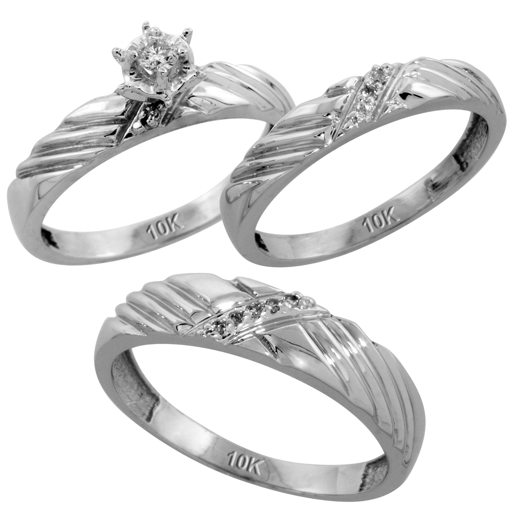 10k White Gold Diamond Trio Wedding Ring Set 3-piece His & Hers 5 & 3.5 mm, Men's Size 8 to 14
