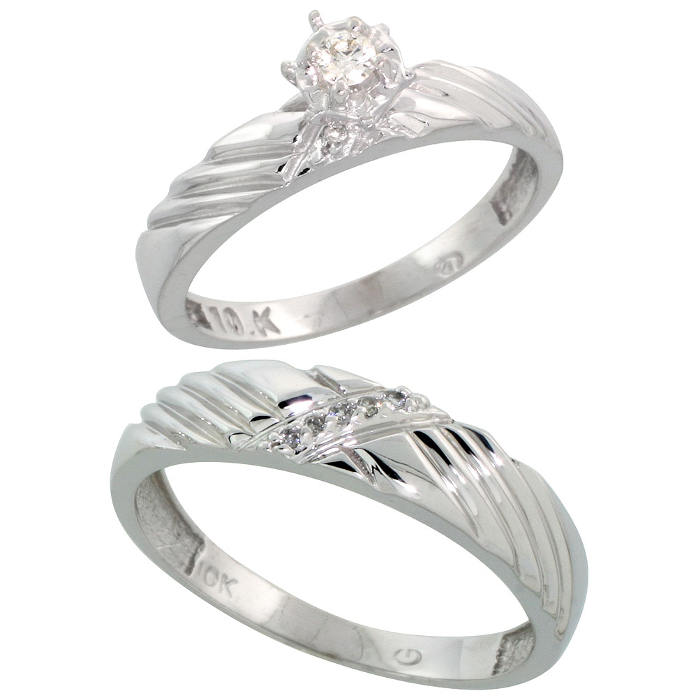 Sterling Silver 2-Piece Diamond Ring Set ( Engagement Ring &amp; Man&#039;s Wedding Band ), w/ 0.09 Carat Brilliant Cut Diamonds, ( 3.5mm; 5mm ) wide