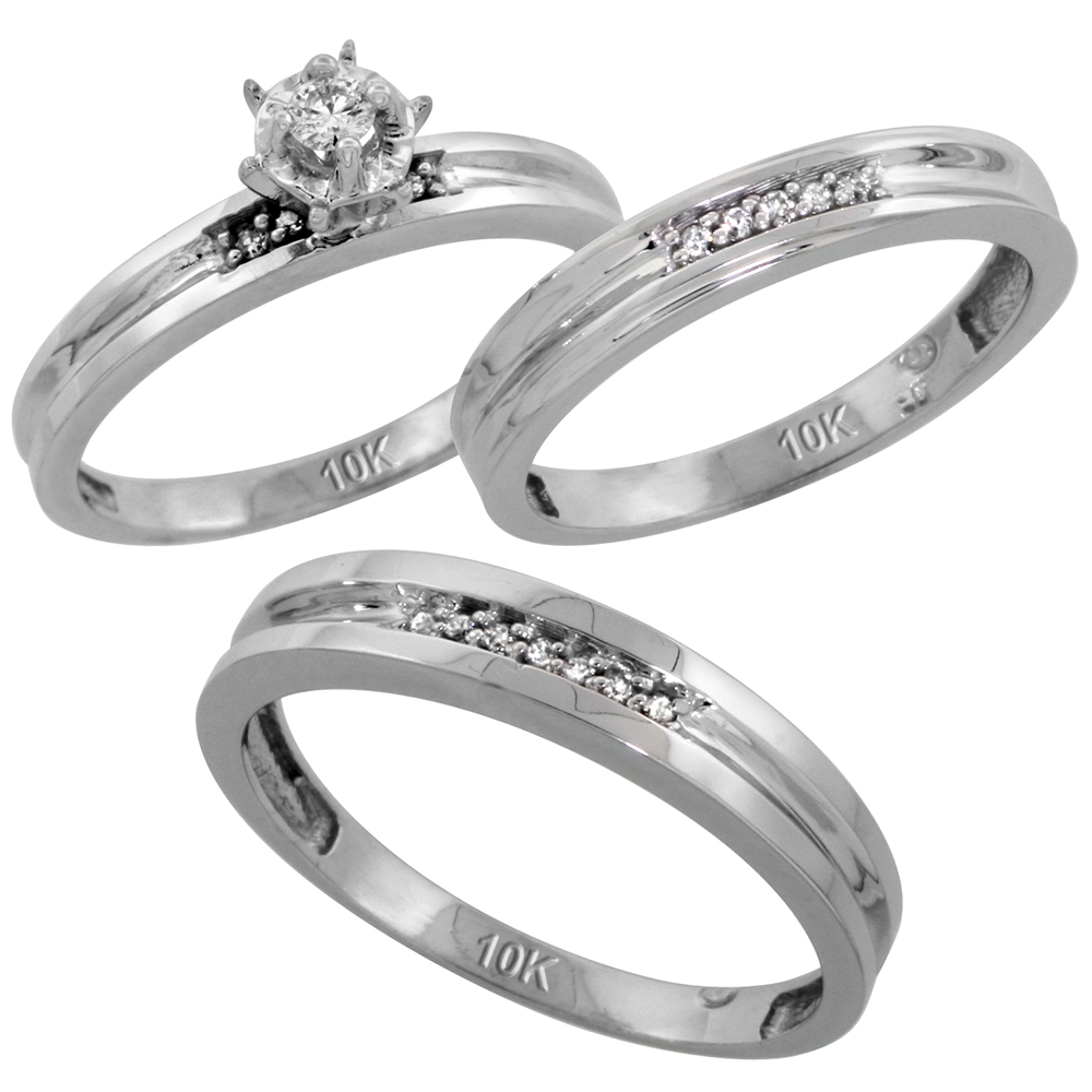 10k White Gold Diamond Trio Wedding Ring Set 3-piece His &amp; Hers 4 &amp; 3.5mm, Men&#039;s Size 8 to 14