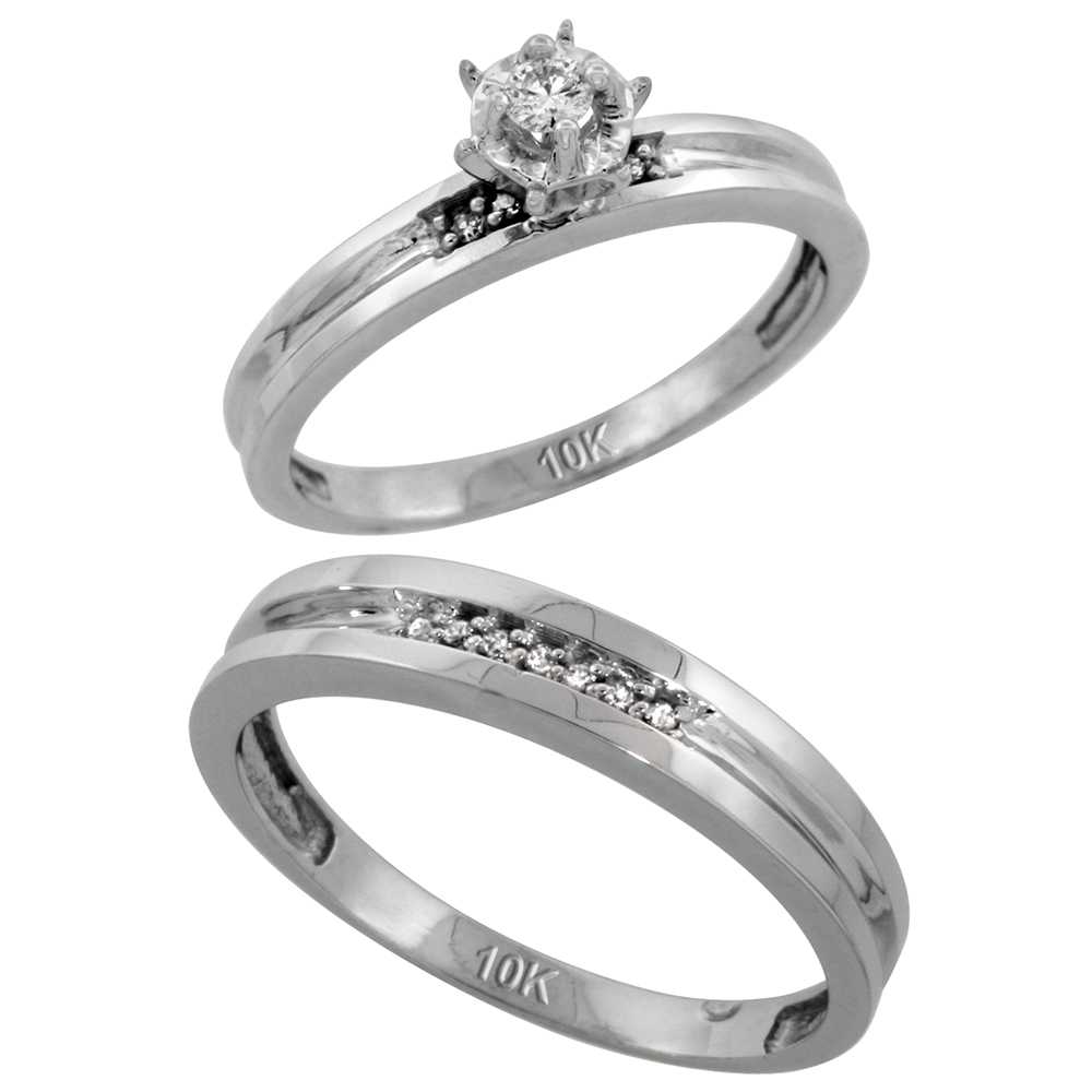 Sterling Silver 2-Piece Diamond Ring Set ( Engagement Ring &amp; Man&#039;s Wedding Band ), w/ 0.10 Carat Brilliant Cut Diamonds, ( 3.5mm; 4mm ) wide