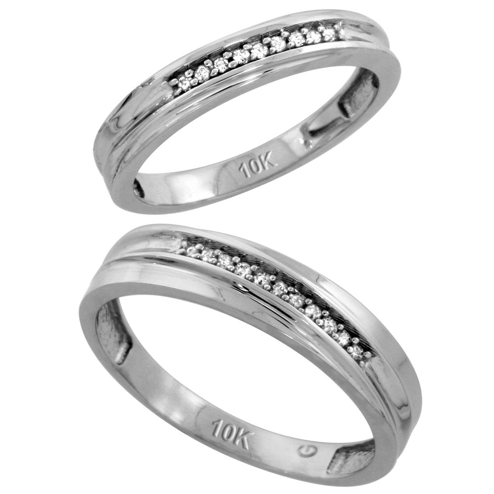 10k White Gold 2-Piece Diamond wedding Engagement Ring Set for Him and Her, 3.5mm &amp; 4mm wide
