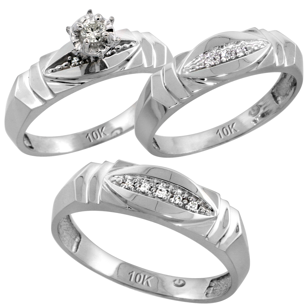 10k White Gold Diamond Trio Wedding Ring Set 3-piece His &amp; Hers 6 &amp; 5mm, Men&#039;s Size 8 to 14