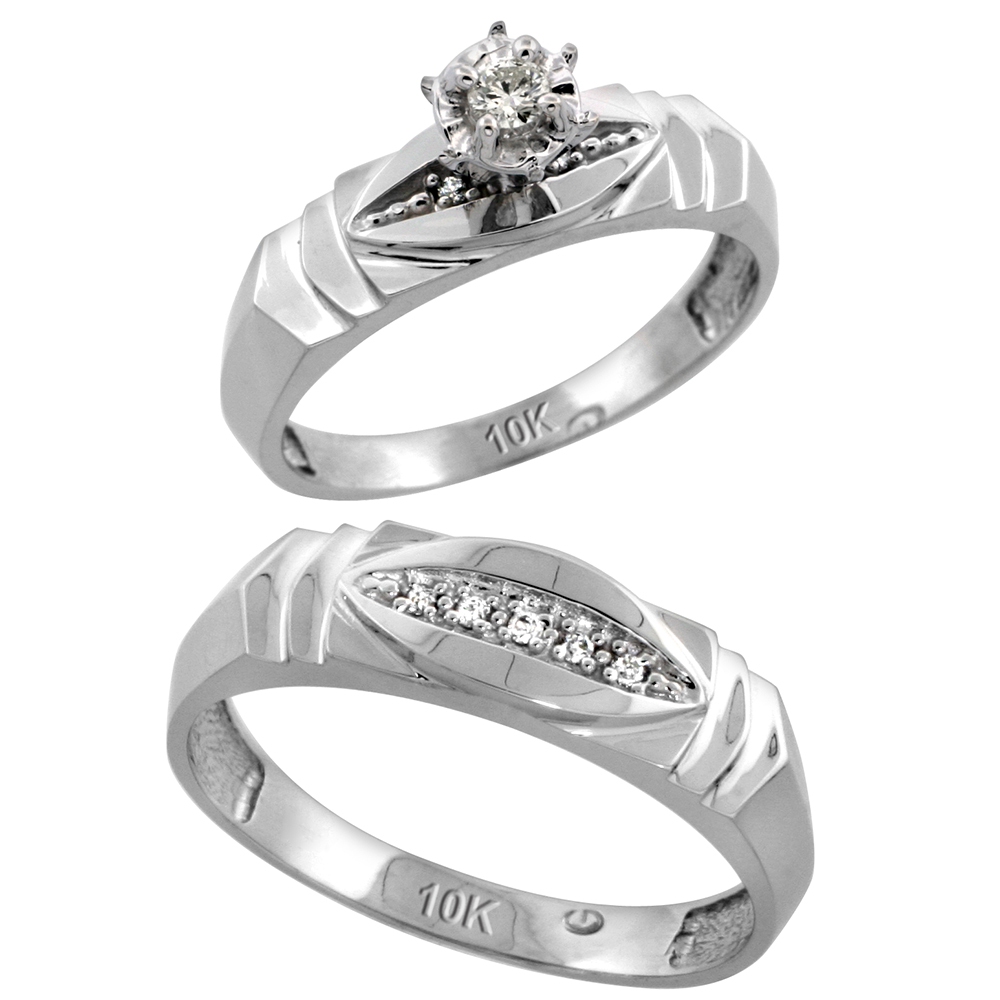10k White Gold 2-Piece Diamond wedding Engagement Ring Set for Him and Her, 5mm &amp; 6mm wide