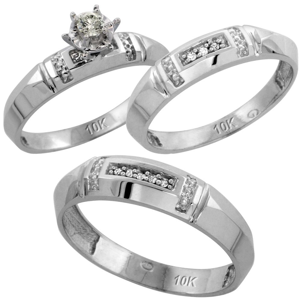 10k White Gold Diamond Trio Wedding Ring Set 3-piece His &amp; Hers 5.5 &amp; 4 mm, Men&#039;s Size 8 to 14