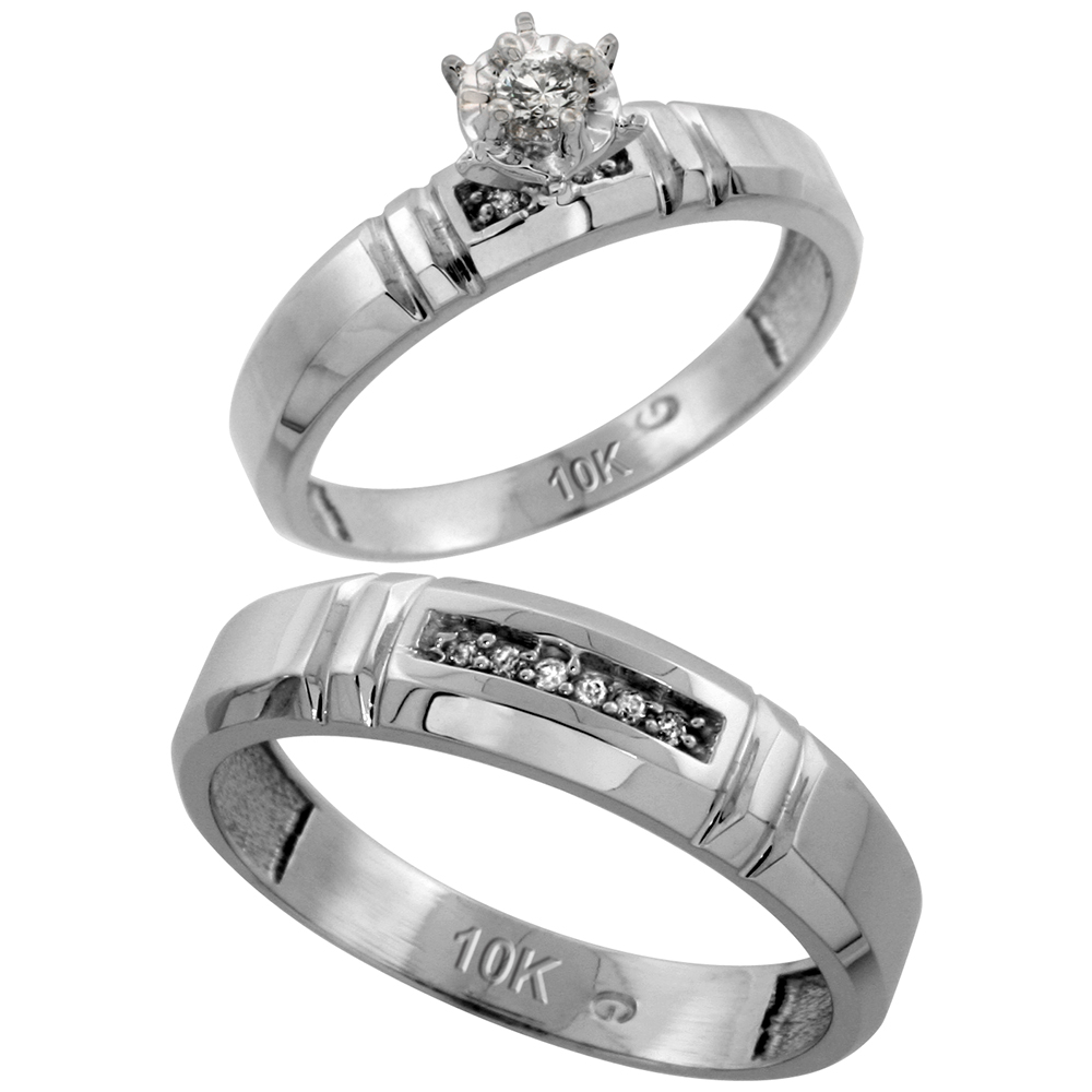 10k White Gold 2-Piece Diamond wedding Engagement Ring Set for Him and Her, 4mm & 5.5mm wide