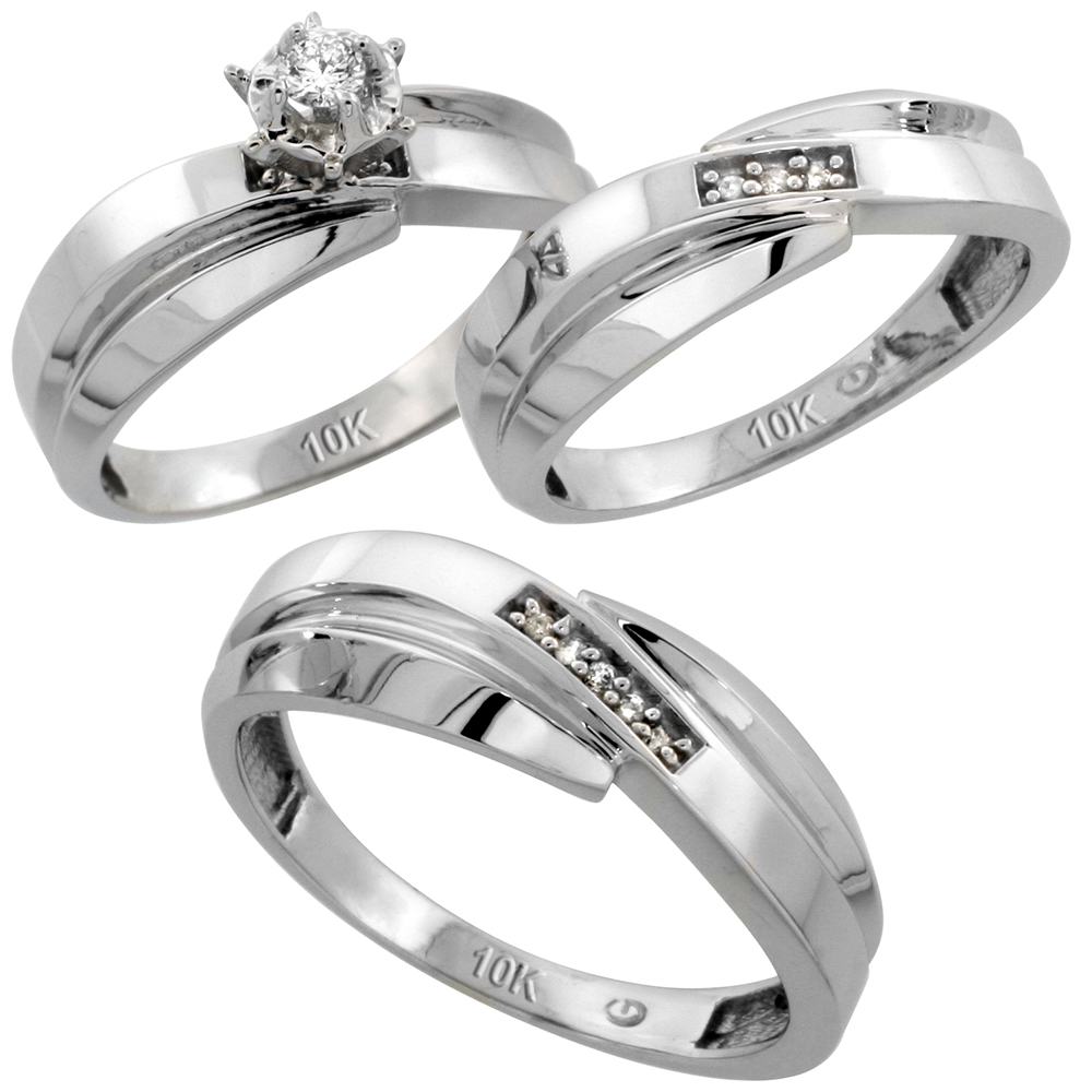 10k White Gold Diamond Trio Wedding Ring Set 3-piece His & Hers 7 & 6 mm, Men's Size 8 to 14