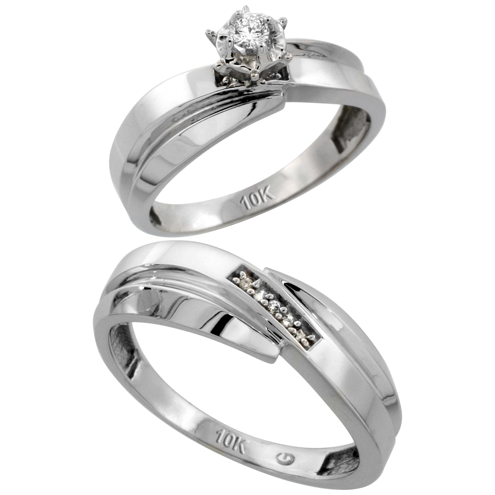 10k White Gold 2-Piece Diamond wedding Engagement Ring Set for Him and Her, 6mm &amp; 7mm wide