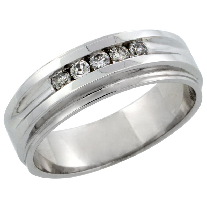 10k White Gold 5-Stone Men&#039;s Diamond Ring Band w/ 0.23 Carat Brilliant Cut Diamonds, 1/4 in. (7mm) wide