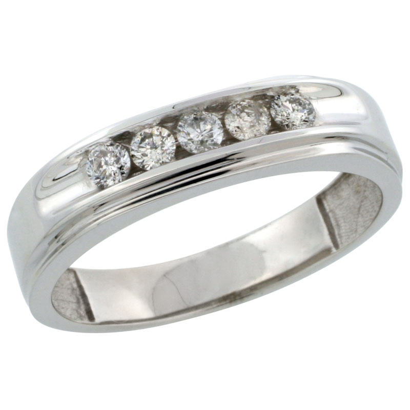 10k White Gold 5-Stone Men&#039;s Diamond Ring Band w/ 0.46 Carat Brilliant Cut Diamonds, 1/4 in. (6mm) wide