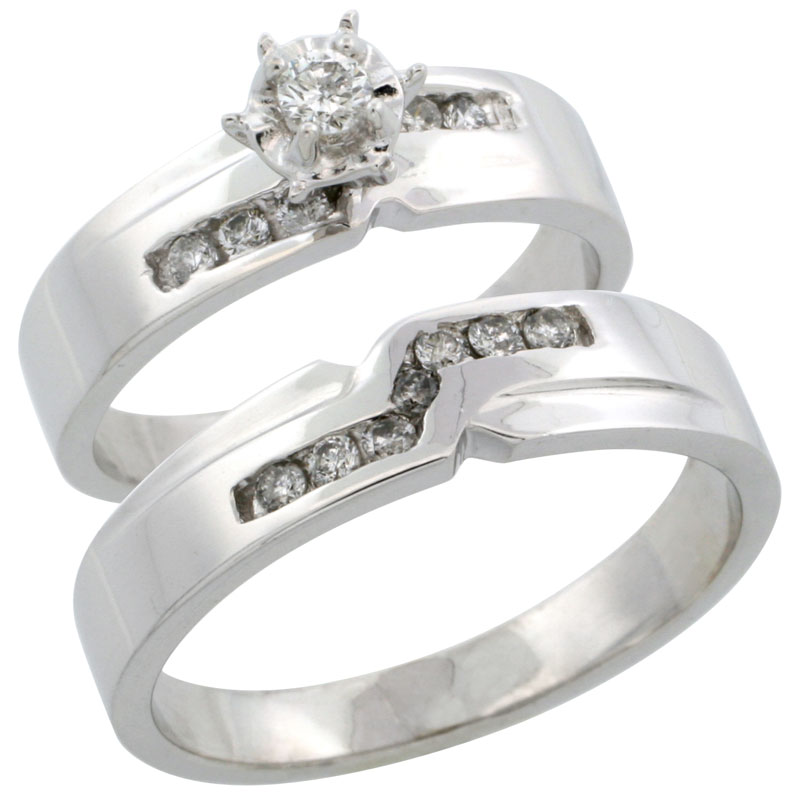 10k White Gold 2-Piece Diamond Ring Band Set w/ Rhodium Accent ( Engagement Ring &amp; Man&#039;s Wedding Band ), w/ 0.31 Carat Brilliant Cut Diamonds, ( 5mm; 5mm ) wide