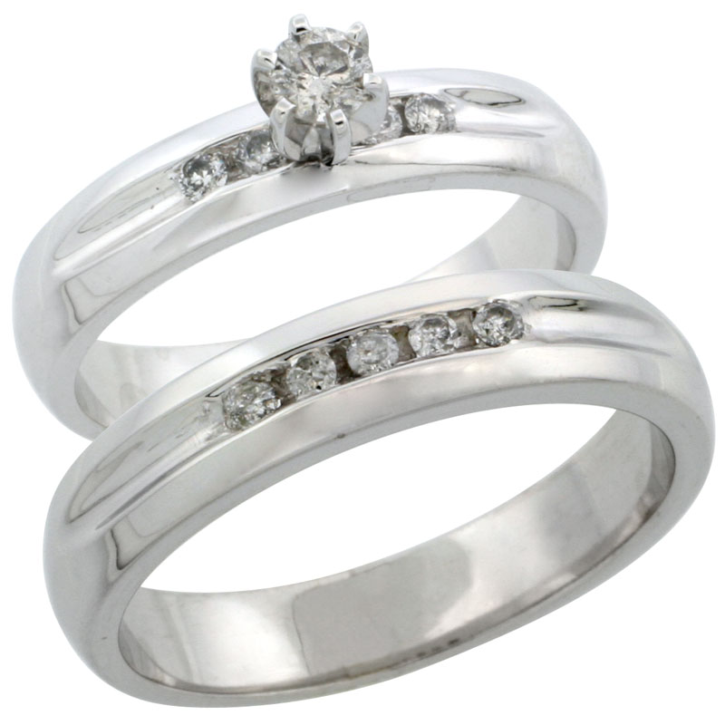 10k White Gold 2-Piece Diamond Ring Band Set w/ Rhodium Accent ( Engagement Ring &amp; Man&#039;s Wedding Band ), w/ 0.35 Carat Brilliant Cut Diamonds, ( 4.5mm; 4.5mm ) wide