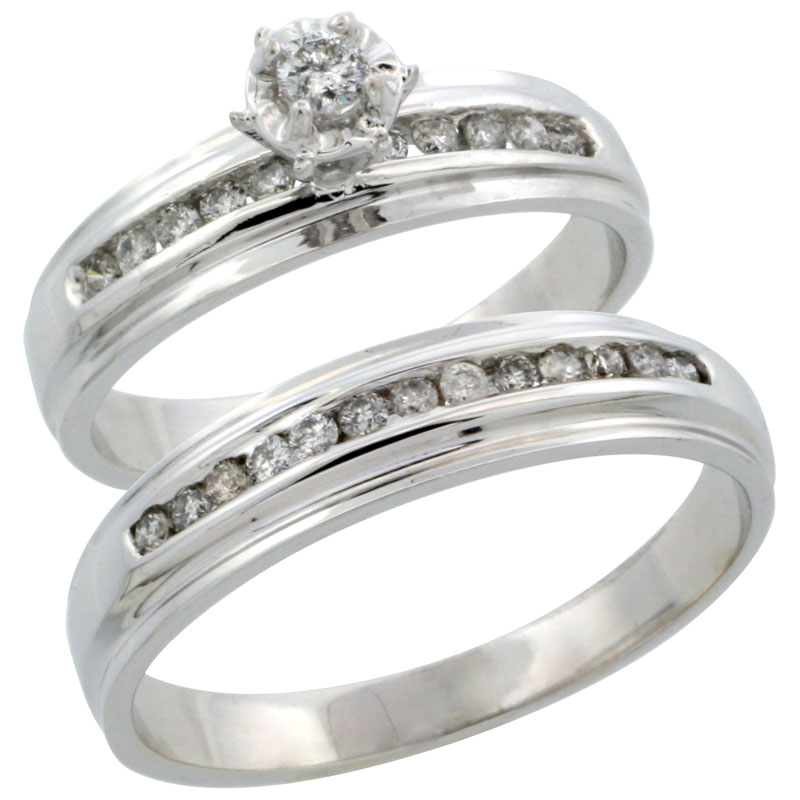 10k White Gold 2-Piece Diamond Ring Band Set w/ Rhodium Accent ( Engagement Ring &amp; Man&#039;s Wedding Band ), w/ 0.40 Carat Brilliant Cut Diamonds, ( 5mm; 5mm ) wide