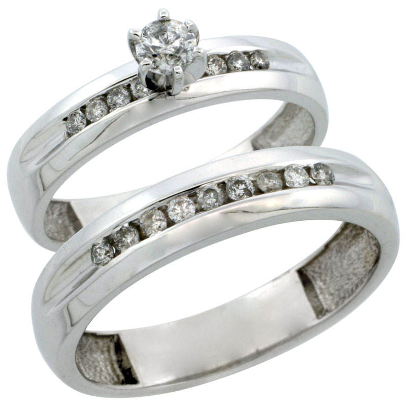 10k White Gold 2-Piece Diamond Ring Band Set w/ Rhodium Accent ( Engagement Ring &amp; Man&#039;s Wedding Band ), w/ 0.42 Carat Brilliant Cut Diamonds, ( 4mm; 5mm ) wide