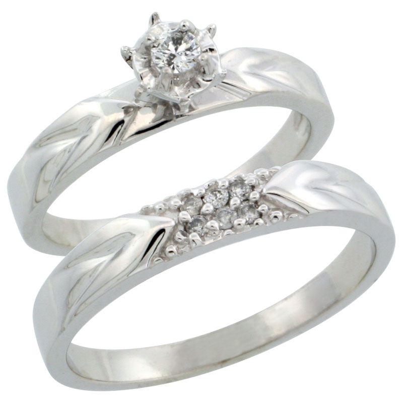 10k White Gold 2-Piece Diamond Ring Band Set w/ Rhodium Accent ( Engagement Ring &amp; Man&#039;s Wedding Band ), w/ 0.13 Carat Brilliant Cut Diamonds, ( 3.5mm; 3.5mm ) wide