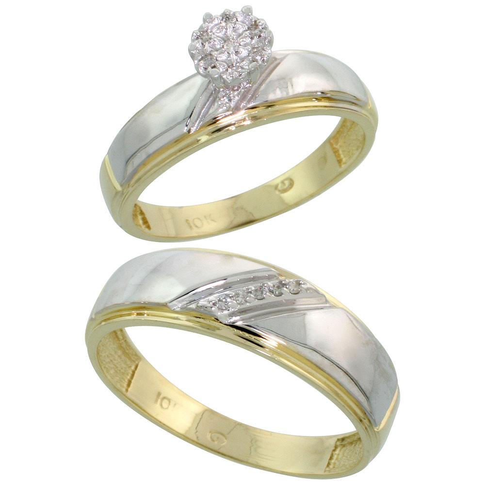 10k Yellow Gold Diamond Engagement Rings Set for Men and Women 2-Piece 0.07 cttw Brilliant Cut, 5.5mm & 7mm wide