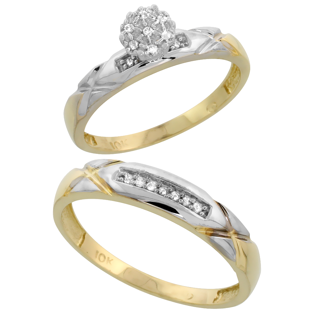 10k Yellow Gold Diamond Engagement Rings Set for Men and Women 2-Piece 0.10 cttw Brilliant Cut, 4 mm & 3.5 mm wide