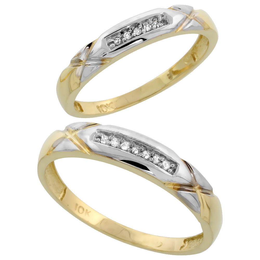 10k Yellow Gold Diamond 2 Piece Wedding Ring Set His 4mm &amp; Hers 3.5mm, Men&#039;s Size 8 to 14