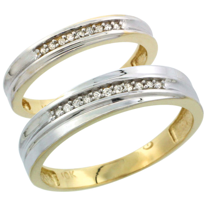 10k Yellow Gold Diamond 2 Piece Wedding Ring Set His 5mm &amp; Hers 3mm, Men&#039;s Size 8 to 14